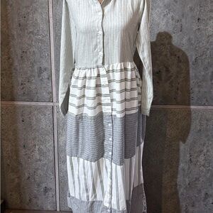 Elegant Gray Striped Long Sleeve Dress